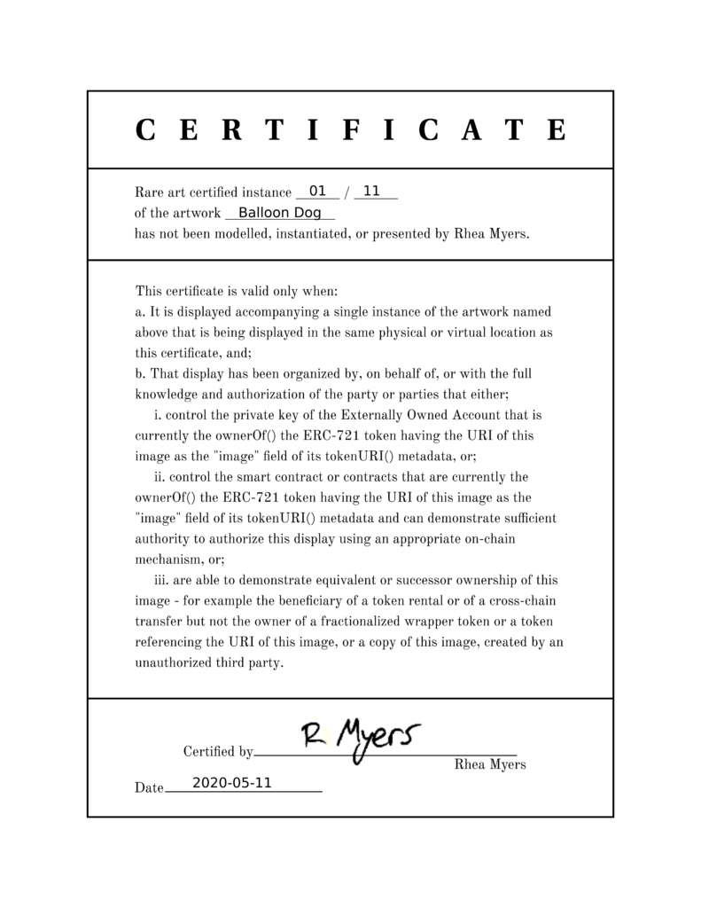 Rhea Myers, Certificate of Inauthenticity, Jeff Koons, Balloon Dog, 11.05.2020
