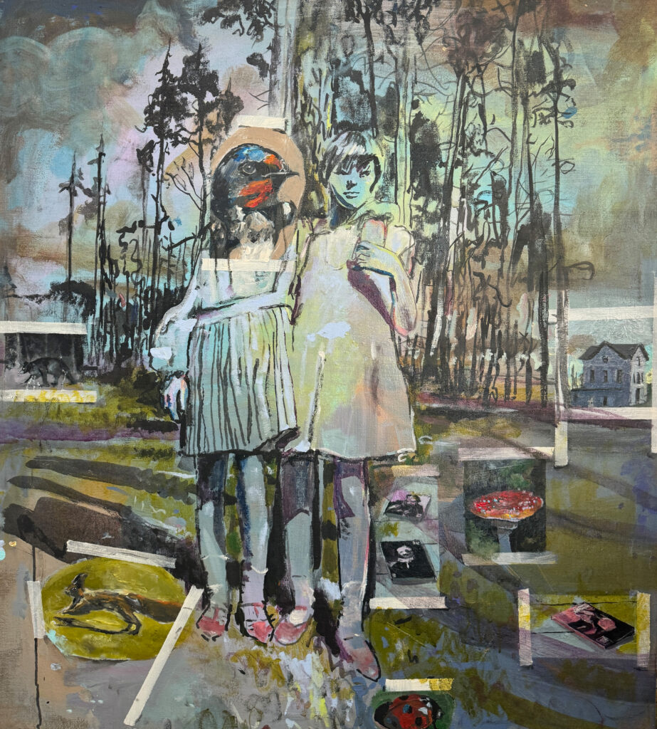 Simone Lucas, Schwalben, 2025. 130 x 110 cm. Mischtechnik auf Leinwand.