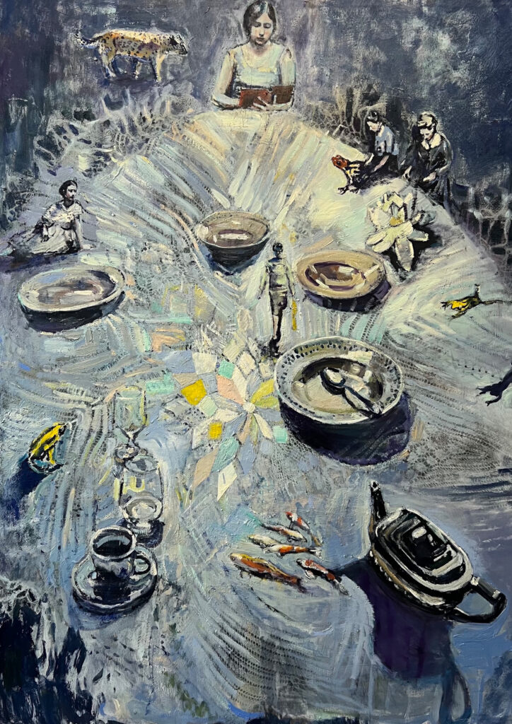 Simone Lucas, Storytable, 2023. 170 x 130 cm, Mischtechnik auf Leinwand.
