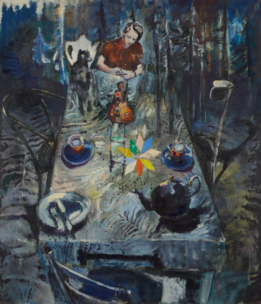Simone Lucas, Waldtisch, 2023. 150 x 120 cm, Mischtechnik auf Leinwand.