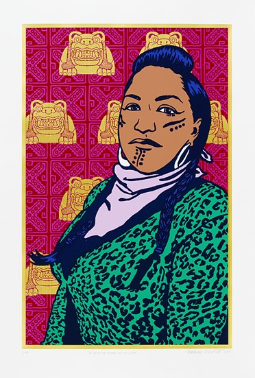 Between the Leopard and the Jaguar; Melanie Cervantes (*1977), Dignidad Rebelde Oakland, Kalifornien 2019; Siebdruck auf Papier, 76 x 112 cm; Gedruckt bei Taller Arte del Nuevo; Amanecer von Eddie Lampkin; Auflage von 39 MARKK, MARKK Inv. Nr. 2025.20:1, Ankauf 2025