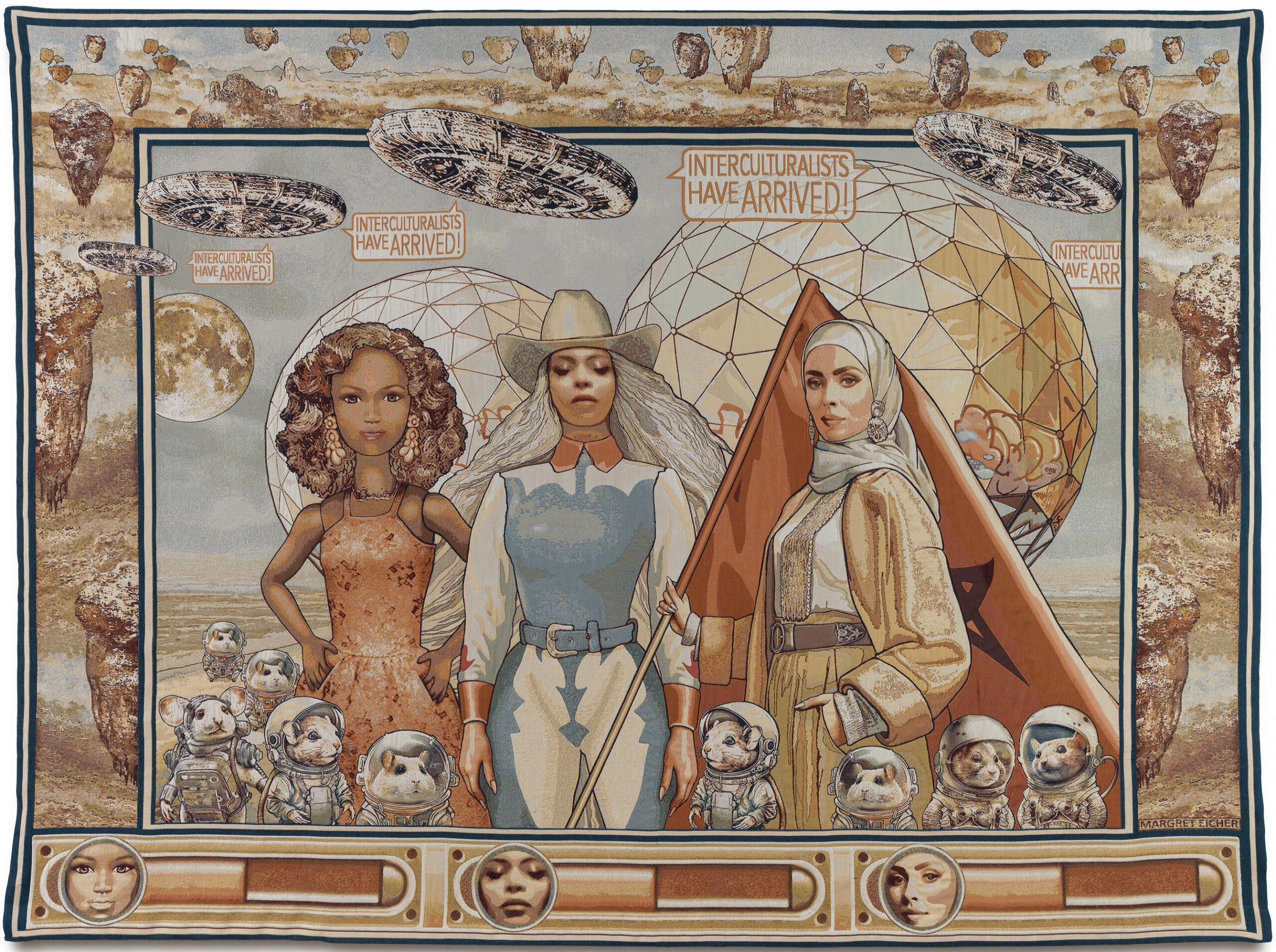 Margret Eicher, Interculturalists have arrived 2, 2025. Digitale Montage/Jacquard, 267 x 357 cm. Courtesy Galerie Michael Janssen.