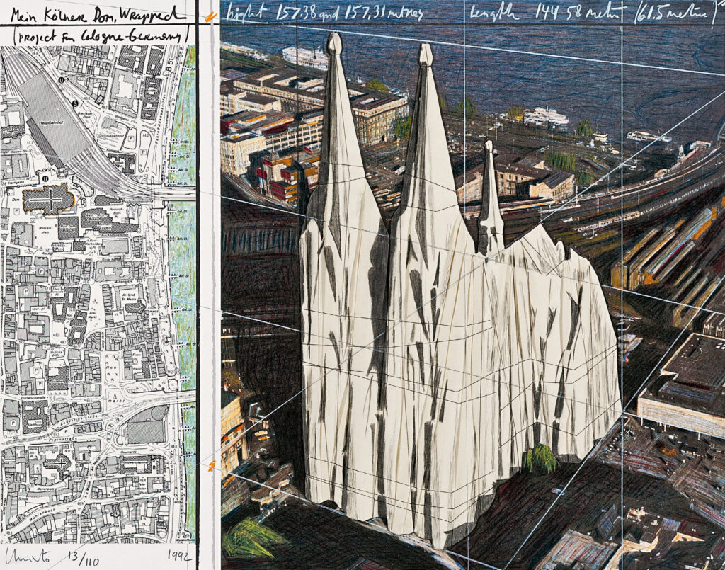 Christo ud Jeanne-Claude, Mein Kölner Dom, Wrapped, Project for Cologne, 1992. Lithografie mit Collage, © Christo and Jeanne-Claude Foundation. VG Bild-Kunst, Bonn 2026.