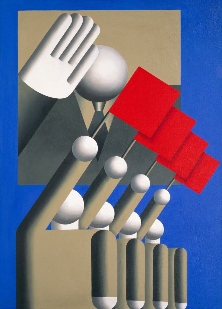 Hans Ticha, Republikgeburtstag, 1982. Öl auf Hartfaser, 78 x 61 cm, Stiftung Haus der Geschichte der Bundesrepublik. © Hans Ticha, VG Bild-Kunst, Bonn 2025.
