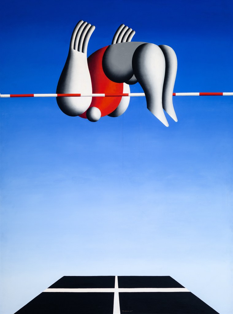 Hans Ticha, Der Hochspringer, 1987. Öl auf Leinwand, 190 x 144 cm. Museum Utopie und Alltag (Bestand Beeskow). © Hans Ticha, VG Bild-Kunst, Bonn 2025.
