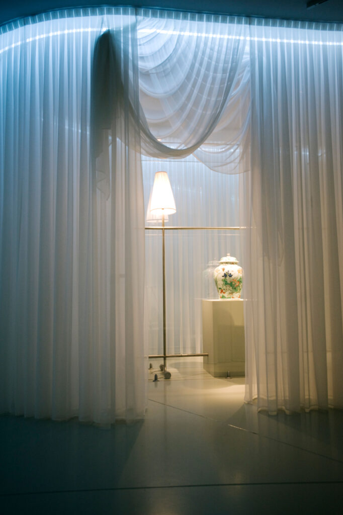 Interior of room containing ceramics display in Philippe Starck designed pavilion at Groninger Museum in Groningen Netherlands